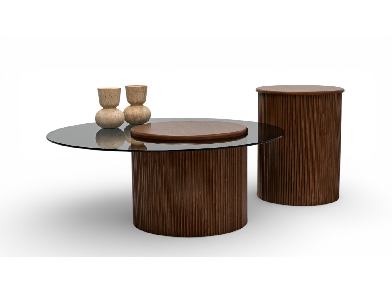 023 - 024 Walnut Smoked Glass Set Of 2